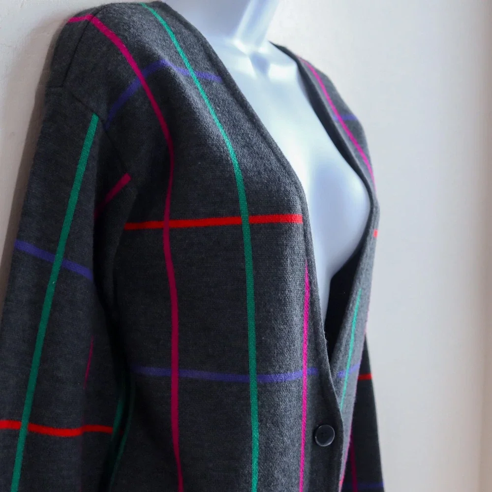 Vintage Liz Claiborne Wool Cashmere Blend Cardigan 80s 90s Plaid Grid Sweater M‎